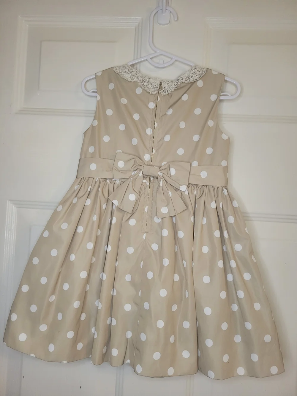 Nieman Marcus Beige Polka Dot Dress with Lace Collar